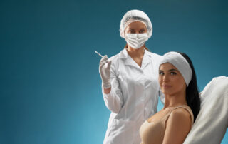 Side view of female cosmetologist in mask and coat holding syringe. Brunette woman patient with towel on head sitting in chair, smiling, looking at camera, isolated on blue. Concept of cosmetology.